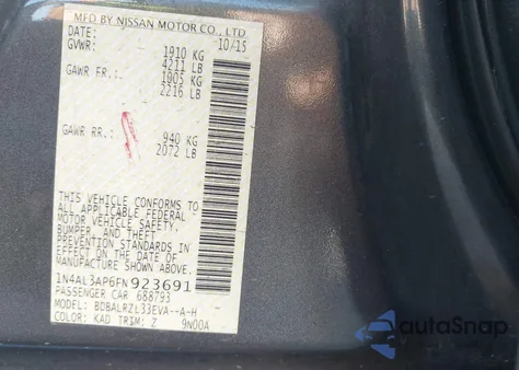 2015 Nissan Altima 2.5 Sl from USA, damaged, VIN 1N4AL3AP6FN923691